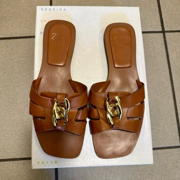 ZARA Leather Chain Slide Sandals – Size 38 (US 7.5) - Picture 2 of 6